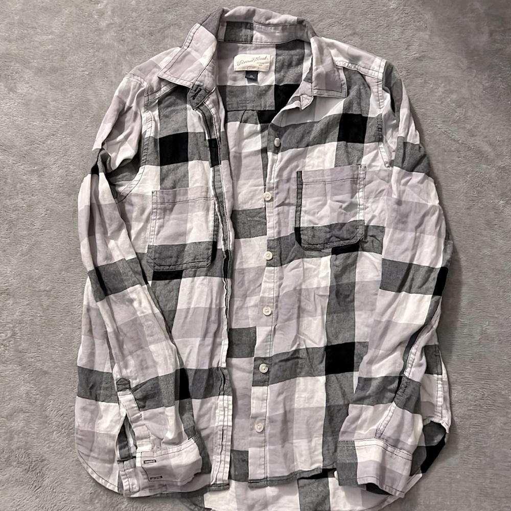 Black, White, and Grey Plaid Button-Up